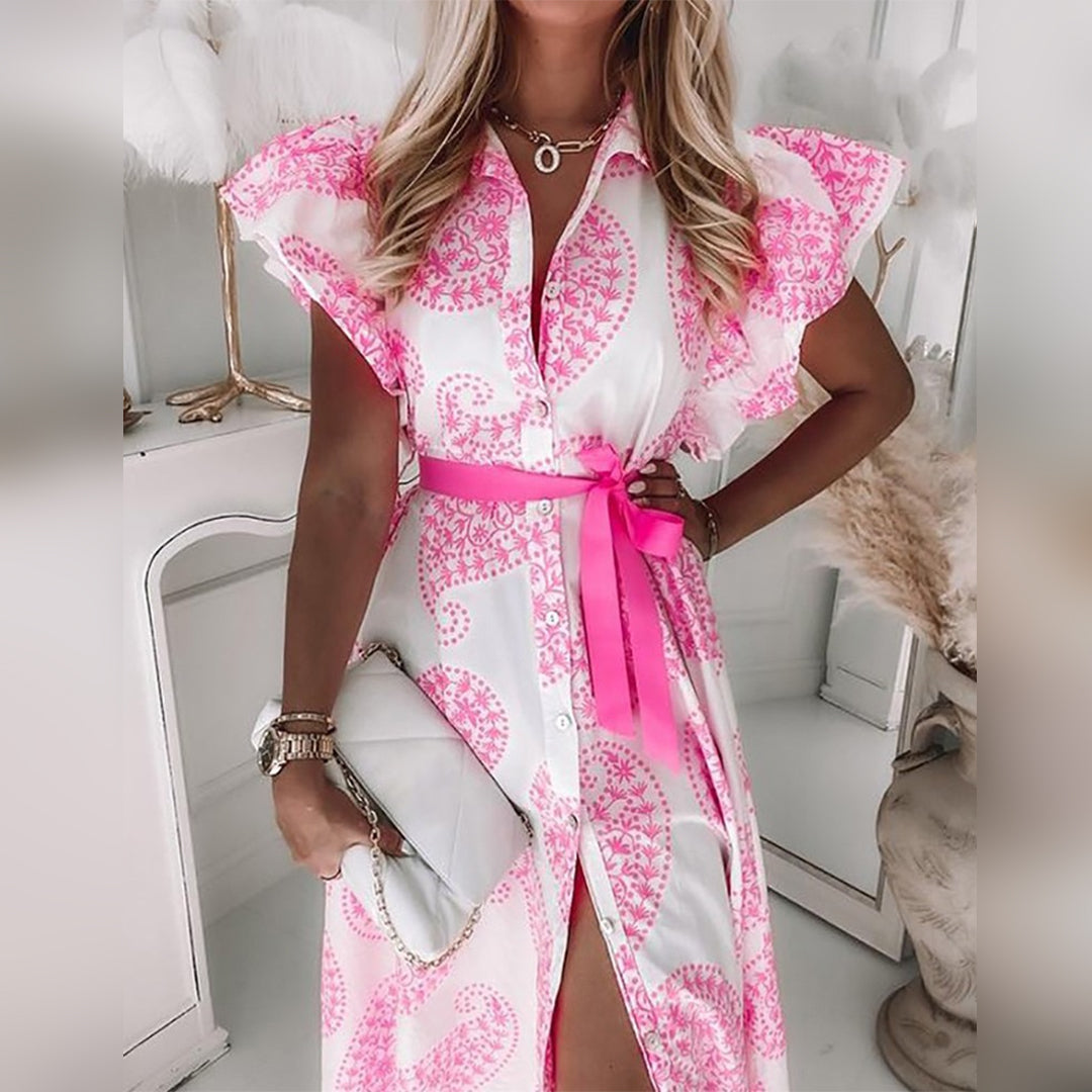 Damklänning - Maxilängd - Paisleymönster - Knäppning - Volangärmar - Midjebälte