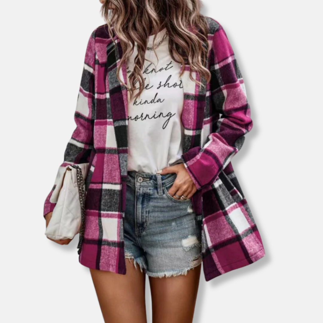 Damkofta – Oversized Passform – Ullblandning – Rutigt Mönster – Lång Ärmar – Öppen Front