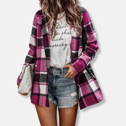 Damkofta – Oversized Passform – Ullblandning – Rutigt Mönster – Lång Ärmar – Öppen Front