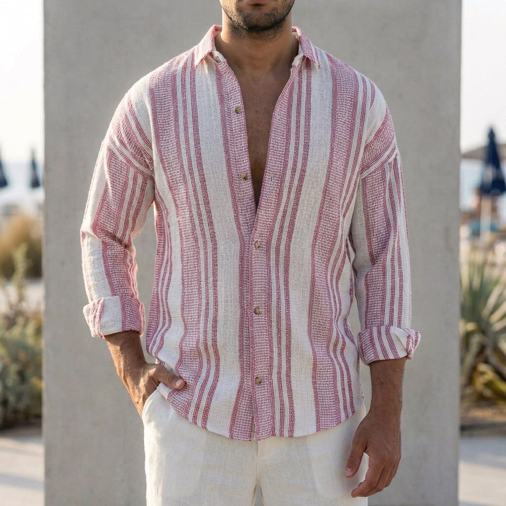 Men’s Lightweight Striped Linen Shirt with Relaxed Button-Up Fit