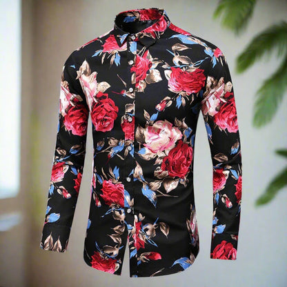 Herrskjorta - Blommigt Mönster - Långärmad - Knappstängning – Klassisk Krage