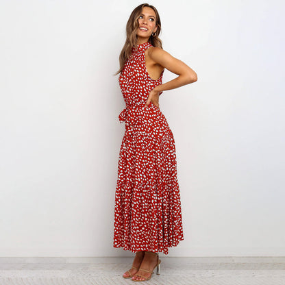 Dam Klänning - Halterneck Polka Dot - Figursydd Midja - Flödande Midi Modell