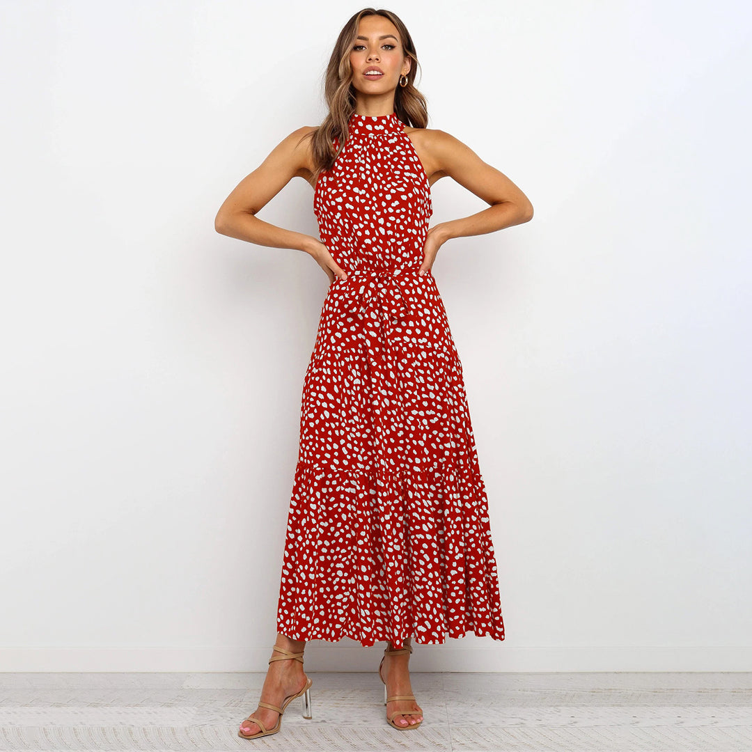 Dam Klänning - Halterneck Polka Dot - Figursydd Midja - Flödande Midi Modell