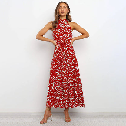 Dam Klänning - Halterneck Polka Dot - Figursydd Midja - Flödande Midi Modell