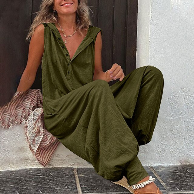 Dam jumpsuit – Avslappnad passform – Vida ben – Ärmlös – V-ringning – Naturmaterial