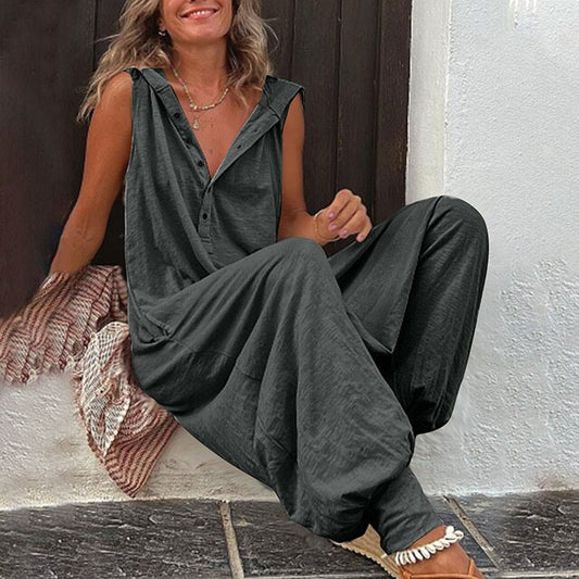 Dam jumpsuit – Avslappnad passform – Vida ben – Ärmlös – V-ringning – Naturmaterial