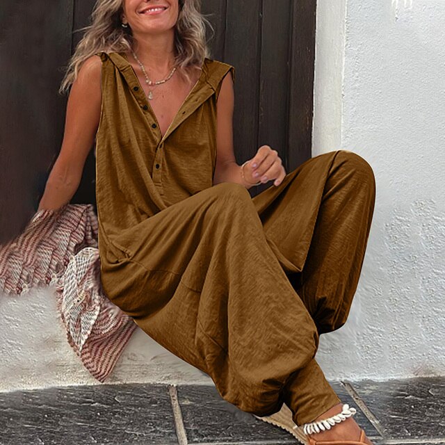 Dam jumpsuit – Avslappnad passform – Vida ben – Ärmlös – V-ringning – Naturmaterial