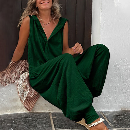 Dam jumpsuit – Avslappnad passform – Vida ben – Ärmlös – V-ringning – Naturmaterial