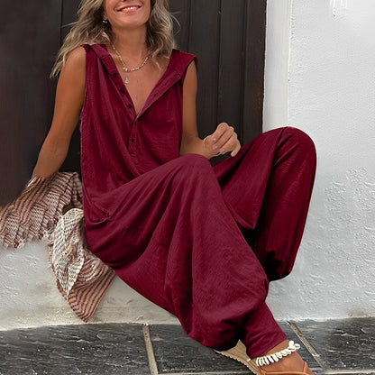 Dam jumpsuit – Avslappnad passform – Vida ben – Ärmlös – V-ringning – Naturmaterial