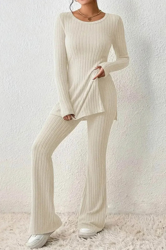 Dam Loungewear Set - Ribbad Stickad - Långärmad Tunika - Hög Midja Vida Byxor