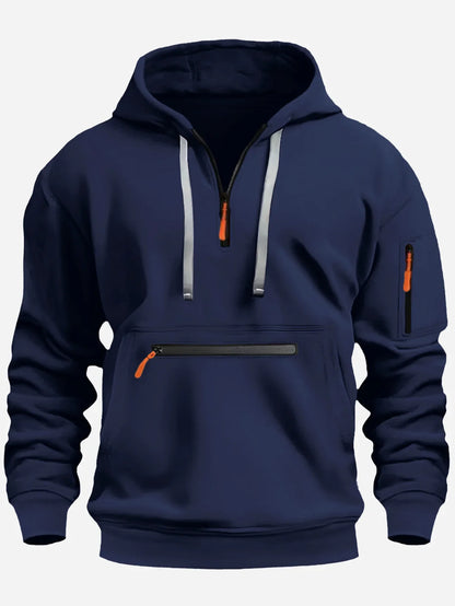Herrtröja – Fleece – Lös Passform – Halvdragkedja – Huvträ – Dragkedjefickor