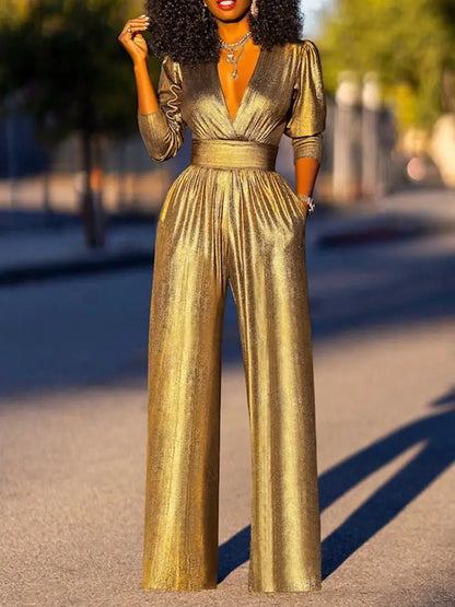 Damdress Jumpsuit - Elegant V-ringning - Vida Ben - Lyxig Glansig Finish