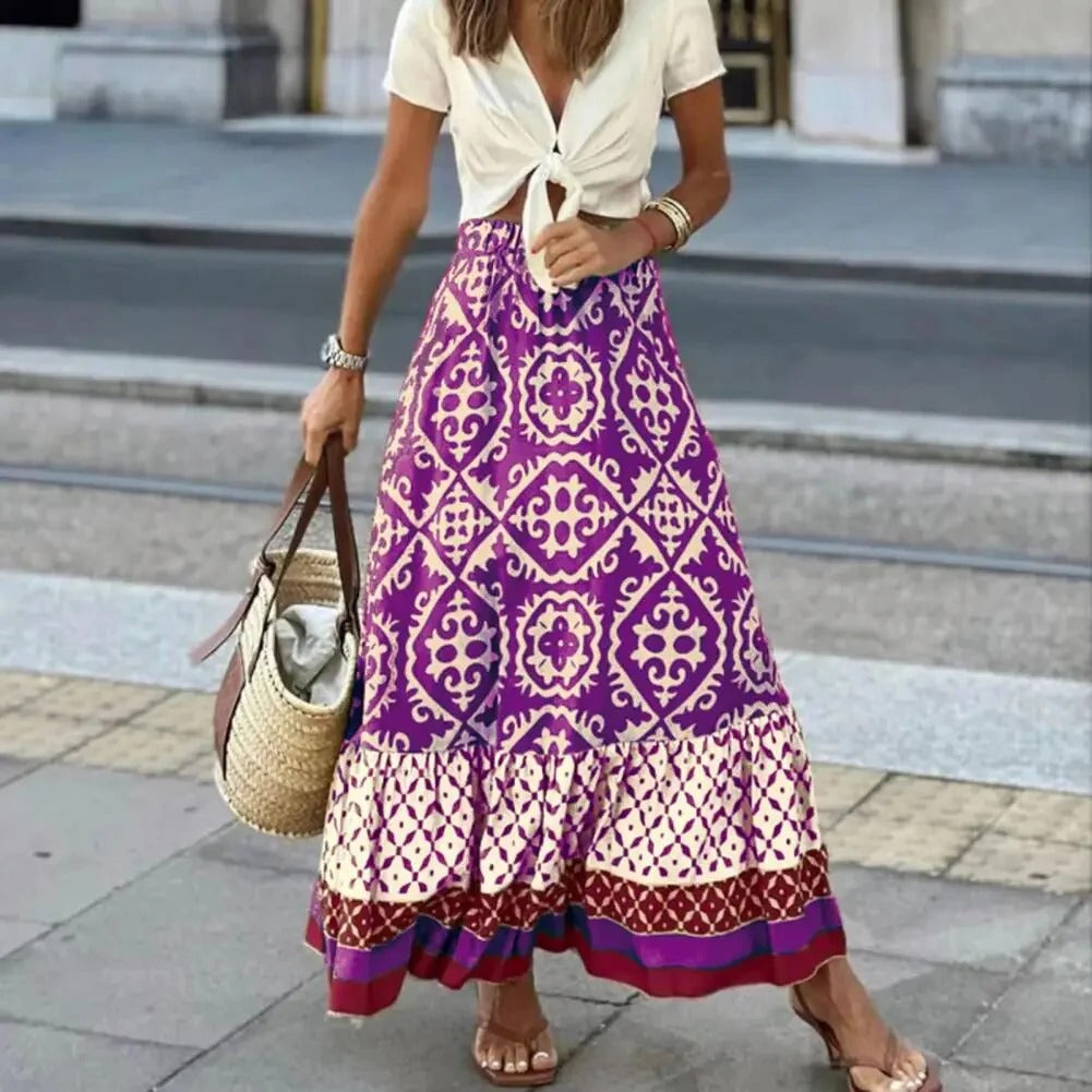Kvinnors maxikjol – Hög midja – Flowy passform – Andningsbart tyg – Boho mönster