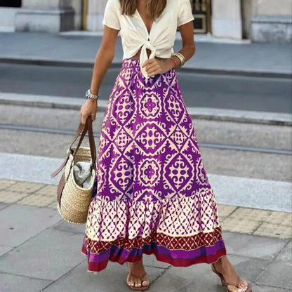 Kvinnors maxikjol – Hög midja – Flowy passform – Andningsbart tyg – Boho mönster