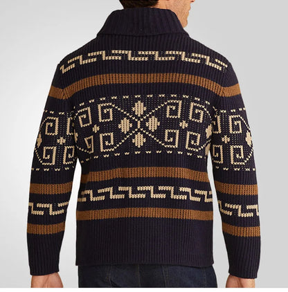 Herrkofta – Slim Fit – Ullstickad – Dragkedja – Nedvikt Krage – Mönstrad Ribbad