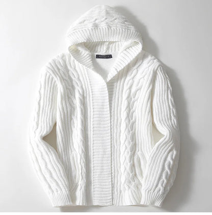 Herrkofta med huva – Avslappnad passform – Ullmix stickad – Öppen front casual