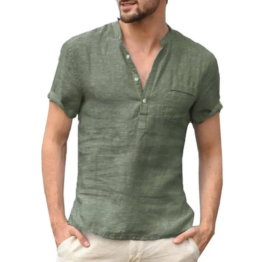 Men’s Casual Linen Blend Short Sleeve Henley Shirt with Relaxed Fit