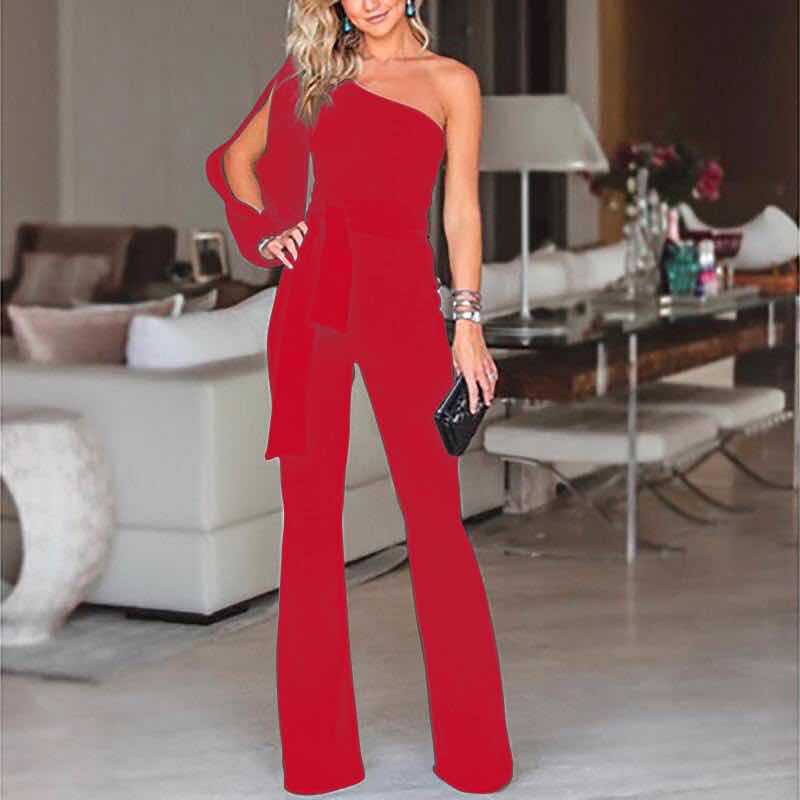 Damjumpsuit – One Shoulder – Slim Fit – Bälte i midjan – Utsvängda ben