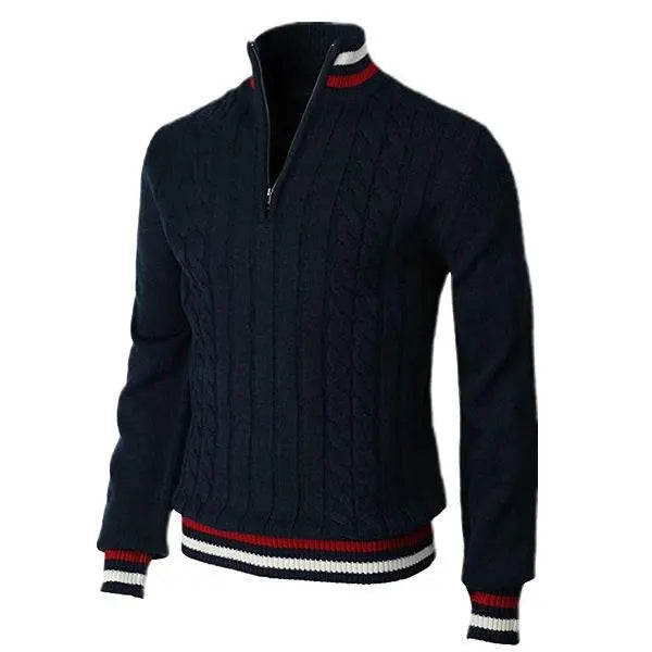 Herrtröja med polokrage – Ull – Slim Fit – Zipkrage – Kabelstickad – Lång ärm
