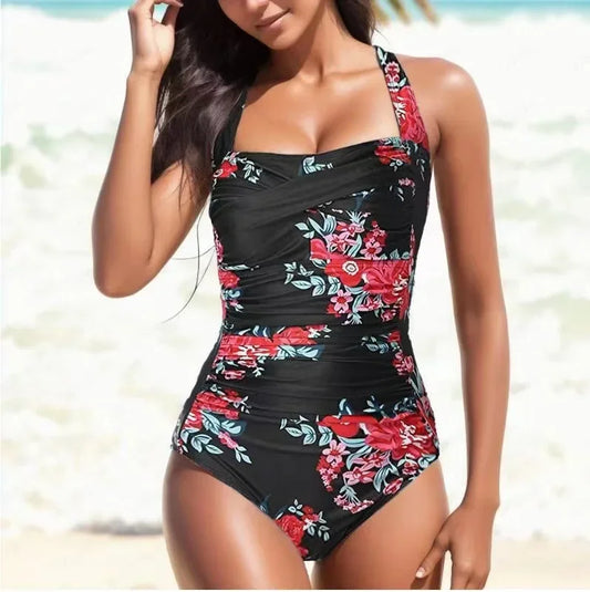 Dam Monokini Baddräkt – Halterneck – Smickrande Passform – Rynkad Front – Blommigt Mönster