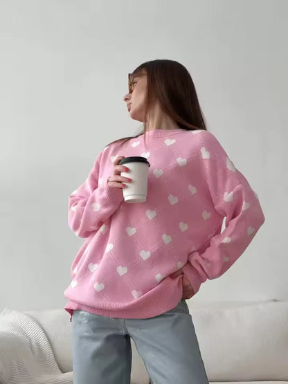 Damtröja – Stickad Pullover – Lös Passform – O-ringning – Ribbad Kant – Hjärtmönster