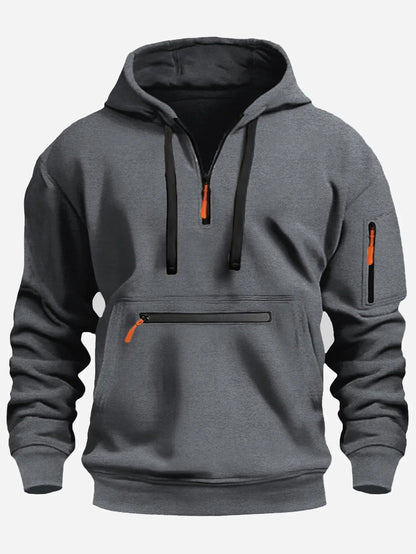Herrtröja – Fleece – Lös Passform – Halvdragkedja – Huvträ – Dragkedjefickor