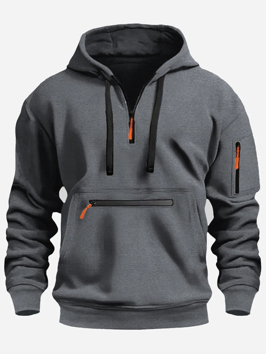 Herrtröja – Fleece – Lös Passform – Halvdragkedja – Huvträ – Dragkedjefickor