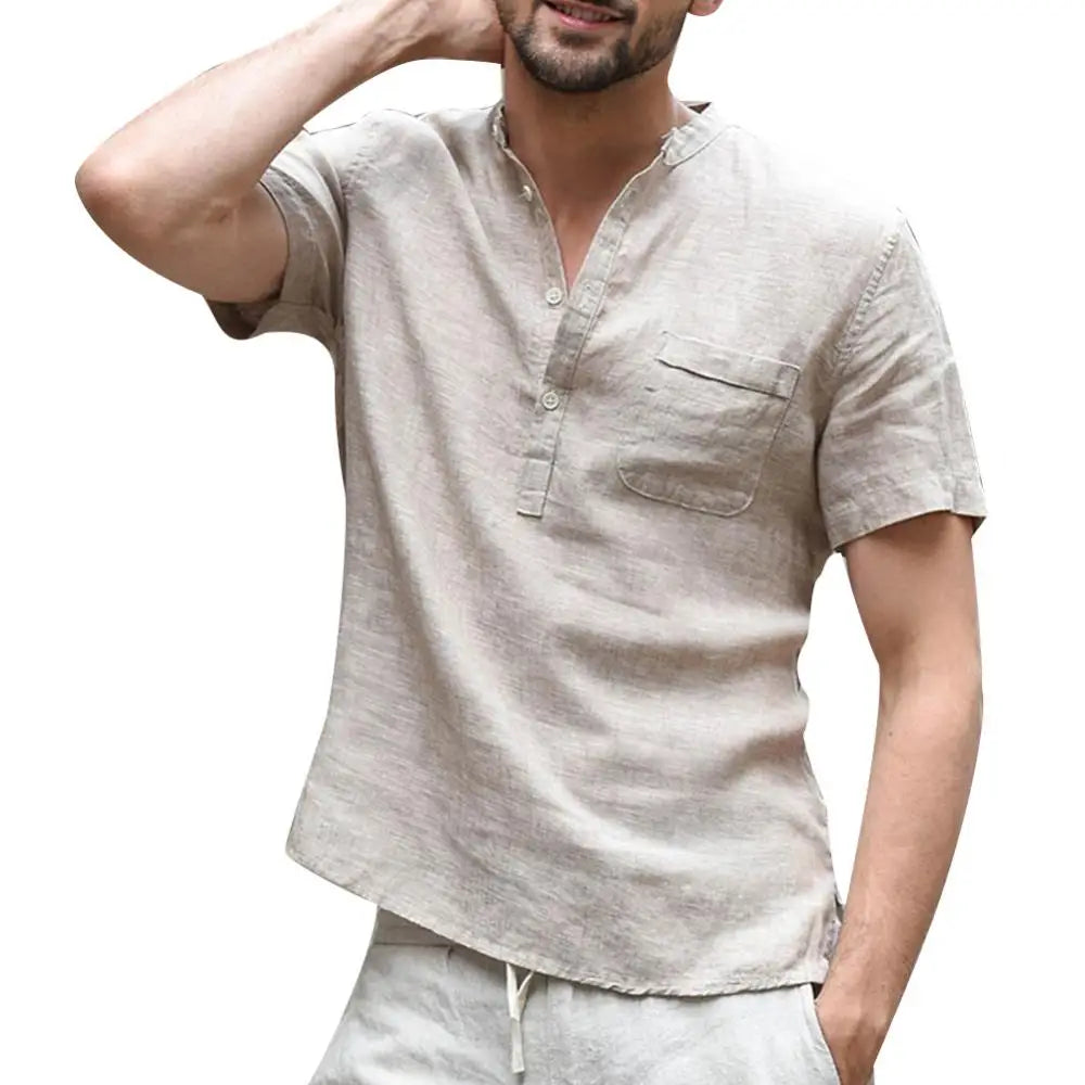 Men’s Casual Linen Blend Short Sleeve Henley Shirt with Relaxed Fit