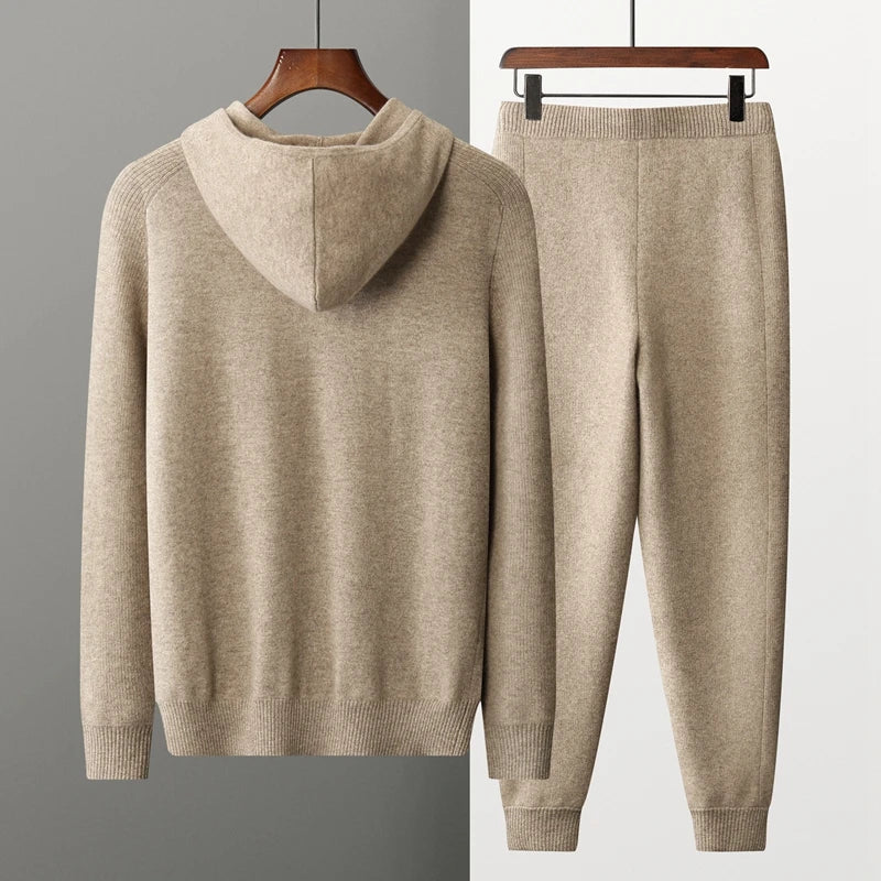 Herr Jogging Set – Avslappnad Passform – Mjuk Stickad – Hel Zip Hoodie – Muddade Byxor