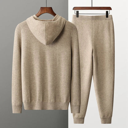 Herr Jogging Set – Avslappnad Passform – Mjuk Stickad – Hel Zip Hoodie – Muddade Byxor