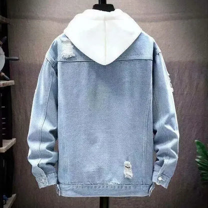 Herrjacka i denim – Lös passform – Slitna detaljer – Enkelknäppt streetwear