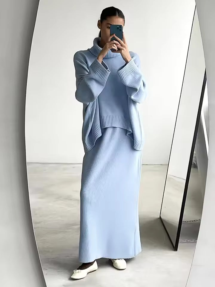 Damset – Stickad Polotröja Oversize och Maxikjol – Mjuk Ullkänsla – Avslappnad Passform