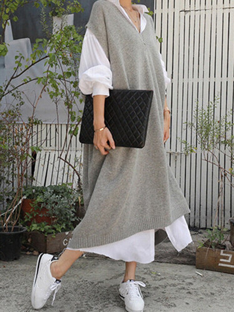 Damklänning – Lös Passform – V-ringning – Ärmlös – Mjukstickad Midi Casual Stil