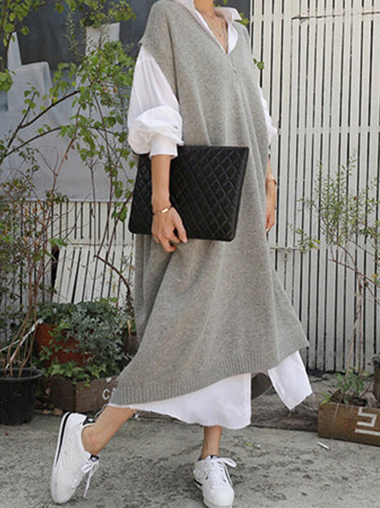 Damklänning – Lös Passform – V-ringning – Ärmlös – Mjukstickad Midi Casual Stil