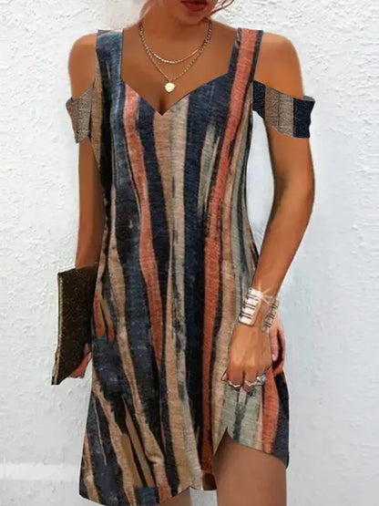 Damklänning - Off Shoulder - V-ringning - Asymmetrisk Skärning - Geometriskt Mönster