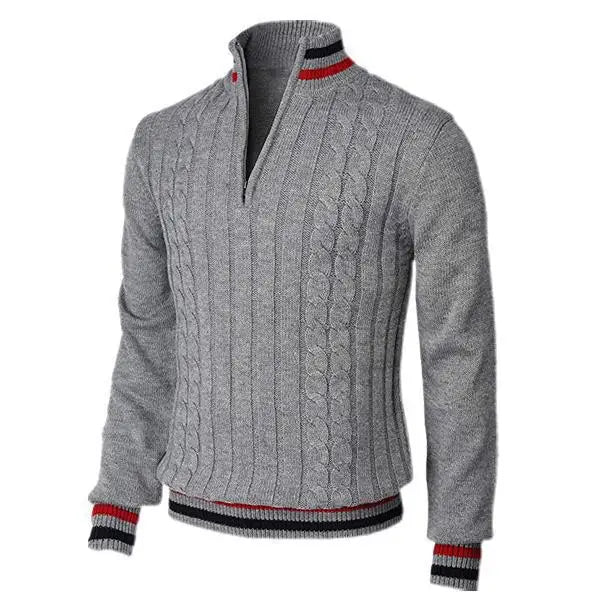 Herrtröja med polokrage – Ull – Slim Fit – Zipkrage – Kabelstickad – Lång ärm