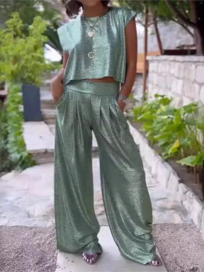 Damtvådelat Set - Ärm lös Crop Top & Vida Byxor - Bekväm Ledig Passform
