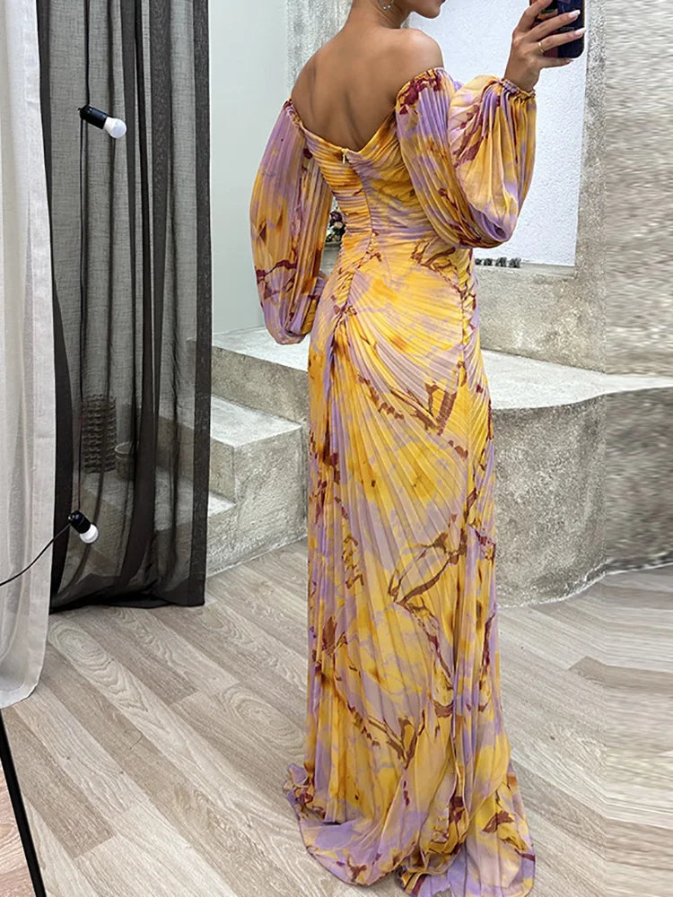 Klänning för dam – Off shoulder – V-ringning – Rynkad överdel – Lång – Flödande ärmar