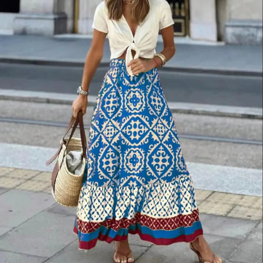 Kvinnors maxikjol – Hög midja – Flowy passform – Andningsbart tyg – Boho mönster