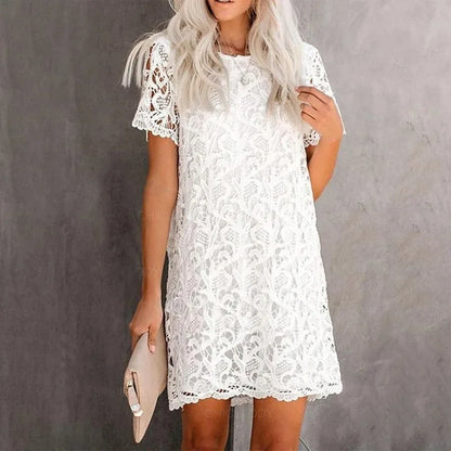 Dam Klänning - Spets med Blommönster - Rak Passform - Kortärmad - Knälång Elegant Look