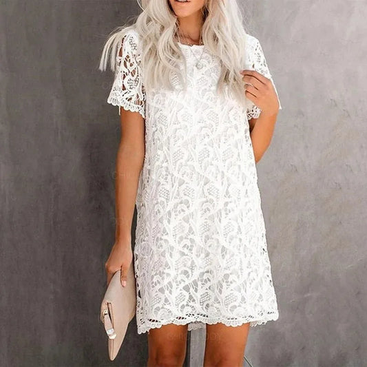 Dam Klänning - Spets med Blommönster - Rak Passform - Kortärmad - Knälång Elegant Look