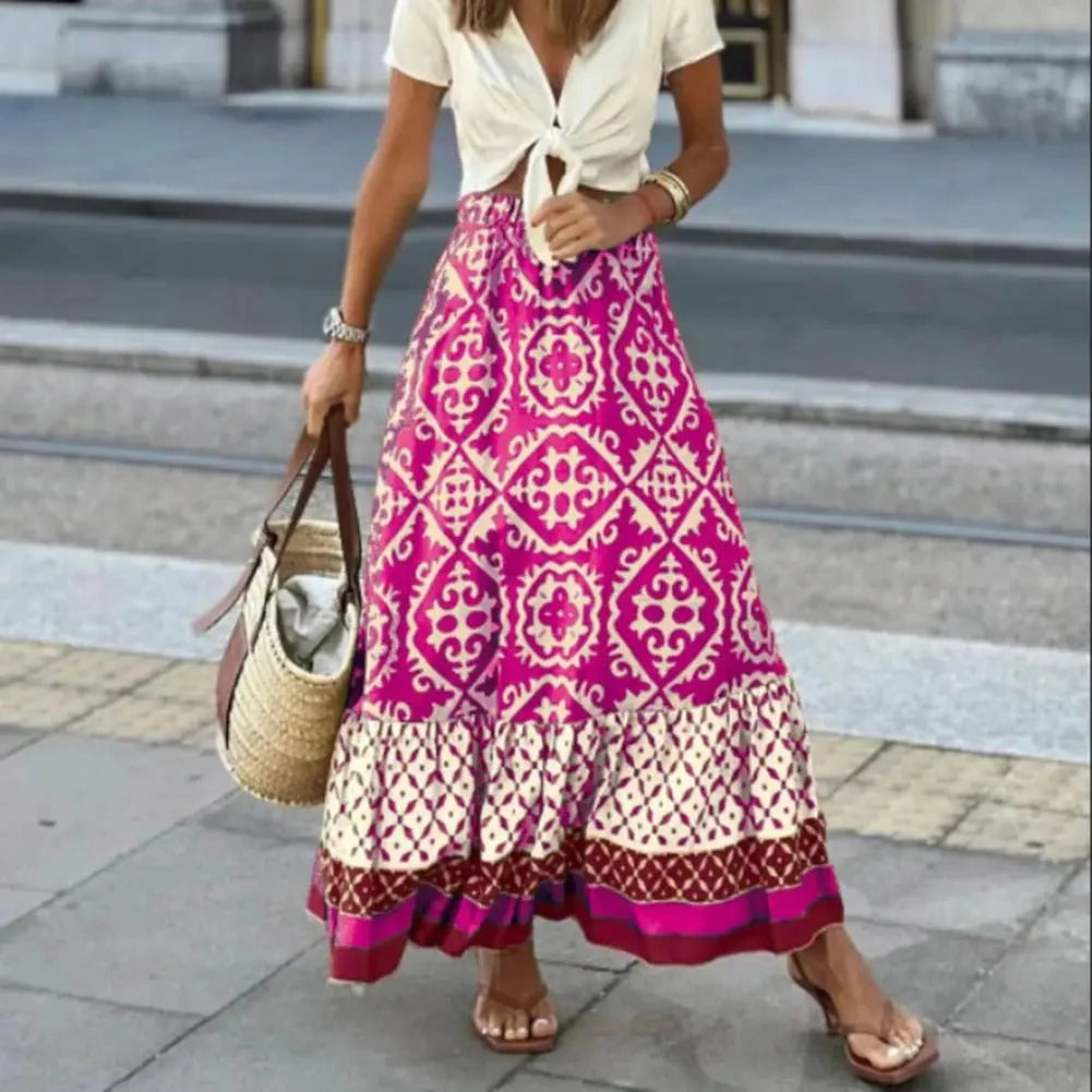 Kvinnors maxikjol – Hög midja – Flowy passform – Andningsbart tyg – Boho mönster