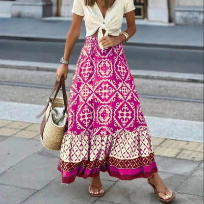 Kvinnors maxikjol – Hög midja – Flowy passform – Andningsbart tyg – Boho mönster