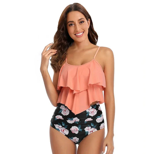 Dam Bikini Set – Rynkad Detalj – Högt Skuren – Volangöverdel – Täckande Passform