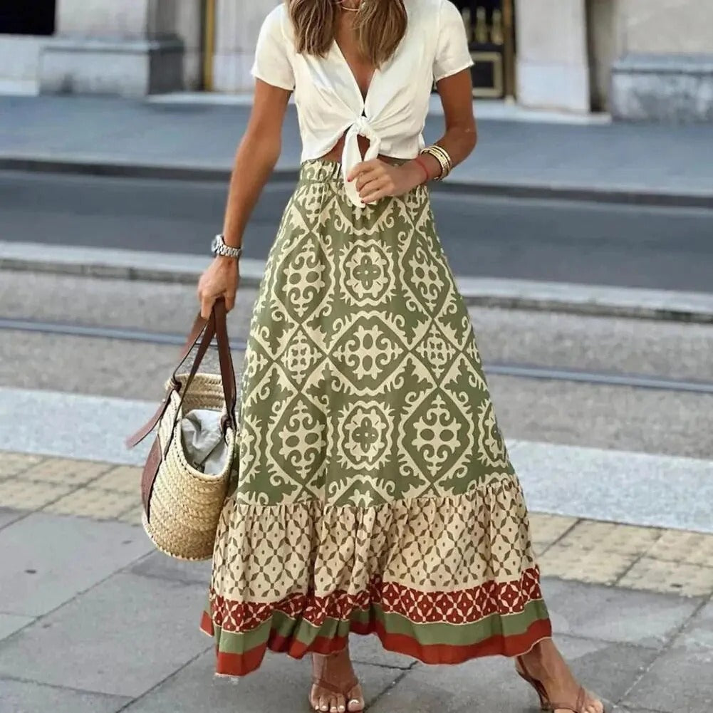 Kvinnors maxikjol – Hög midja – Flowy passform – Andningsbart tyg – Boho mönster