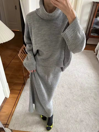 Damset – Stickad Polotröja Oversize och Maxikjol – Mjuk Ullkänsla – Avslappnad Passform