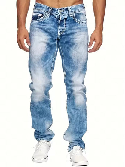 Herrjeans – Rak Passform – Denim – Kontraststickning – Fullängd – Vardagsstil