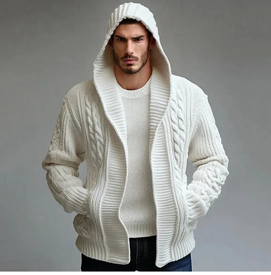 Herrkofta med huva – Avslappnad passform – Ullmix stickad – Öppen front casual