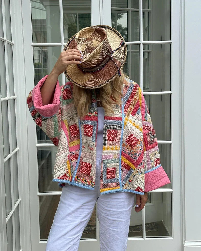 Damjacka – Oversize Passform – Quiltad Patchwork – Öppen Front – Avslappnad Stil