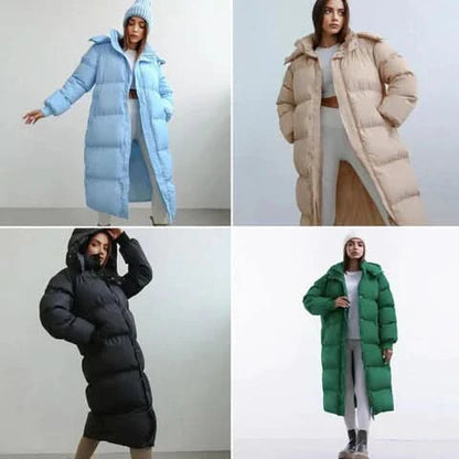 Lång quiltad dunkappa för dam – Varm vaddering – Oversized passform – Med huva